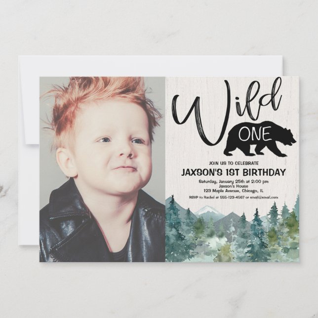 Wild one 1st birthday boy rustic outdoors photo invitation (Front)