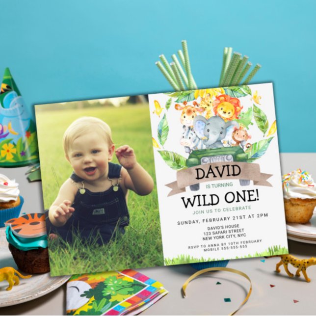Wild One 1st Birthday Boy Safari Photo  Invitation (Wild One 1st Birthday Invitation with photo Safari Animals Jungle themed birthday party)