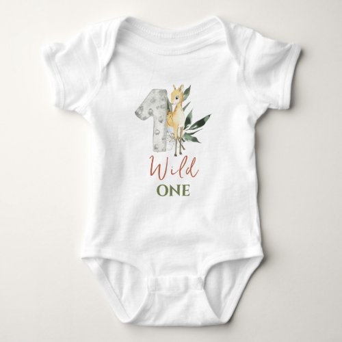 Wild One 1st Birthday Brown Watercolor Baby Deer Baby Bodysuit