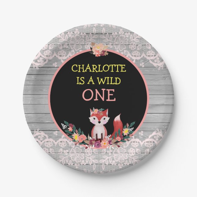Wild ONE 1st Birthday Cute Fox & Flowers Paper Plates (Front)