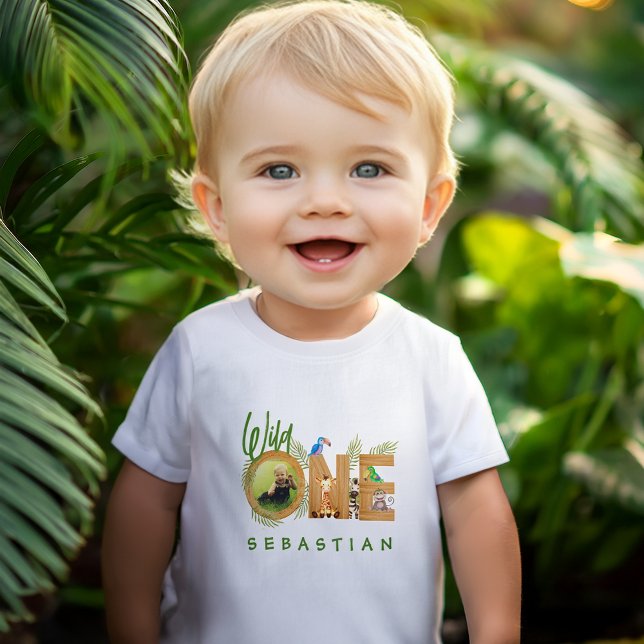 Wild One 1st Birthday Cute Jungle Animals Photo Baby T-Shirt (Creator Uploaded)
