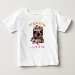 Wild One 1st Birthday Cute sloth in flowers Baby T-Shirt