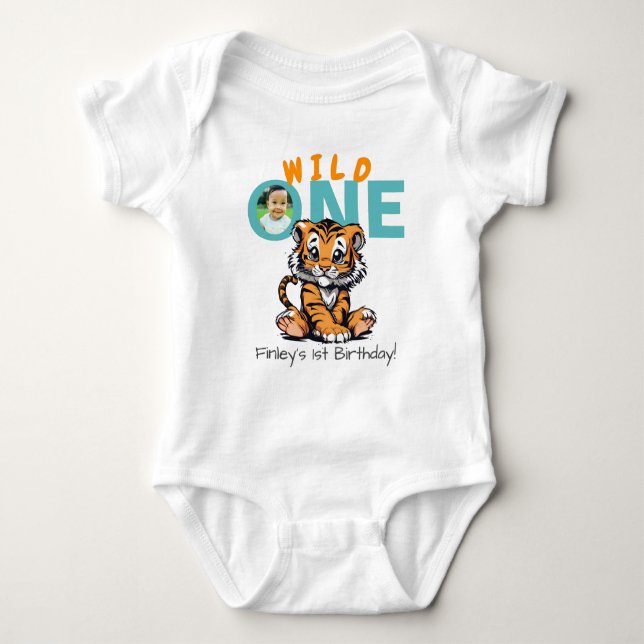 Wild ONE 1st Birthday & Cute Tiger Picture Upload Baby Bodysuit (Front)