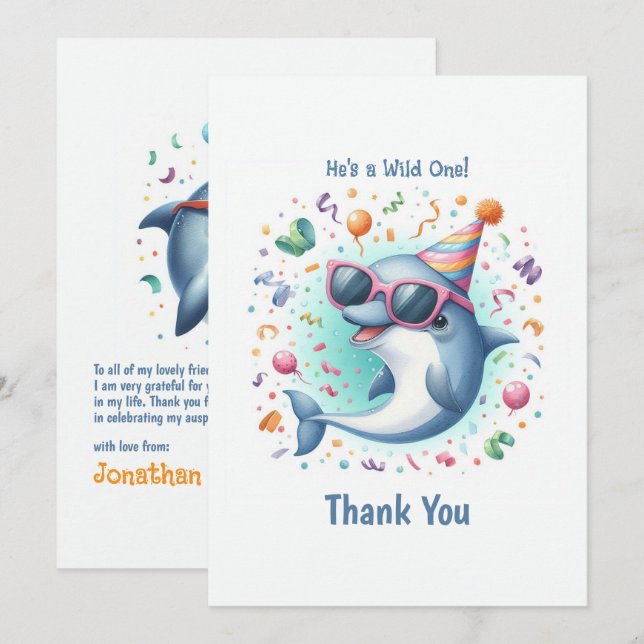 Wild One 1st Birthday Dolphin Themed Thank You Card (Front/Back)
