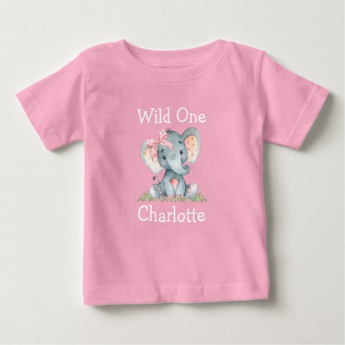Wild One 1st Birthday Elephant Bow Pink Baby T_Shirt