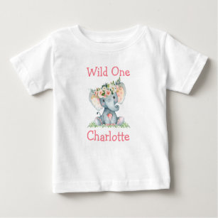 Wild One 1st Birthday Elephant Flower Crown Baby T-Shirt