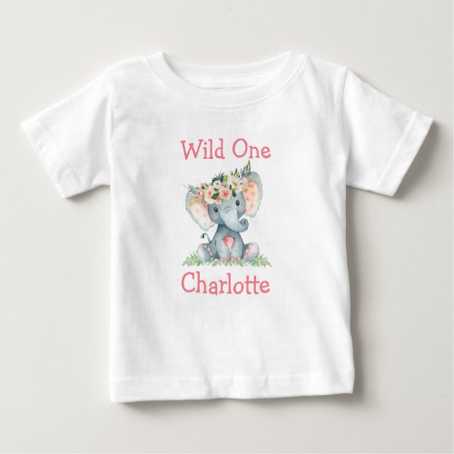 Wild One 1st Birthday Elephant Flower Crown Baby T_Shirt