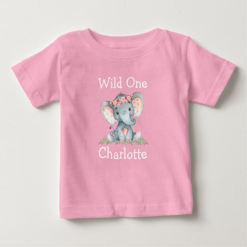 Wild One 1st Birthday Elephant Flowers Pink Baby T_Shirt