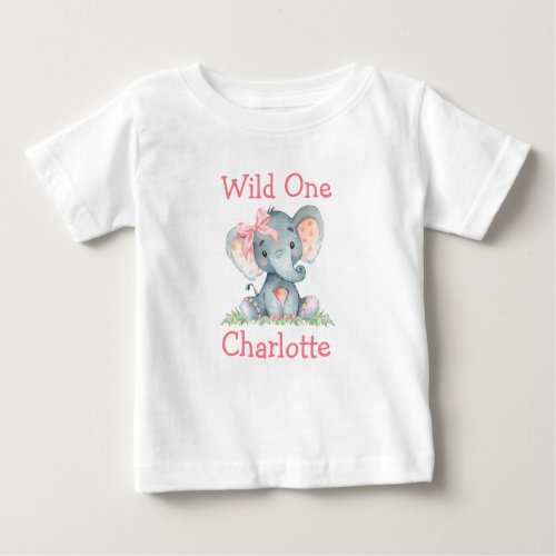 Wild One 1st Birthday Elephant Pink Bow Baby T_Shirt