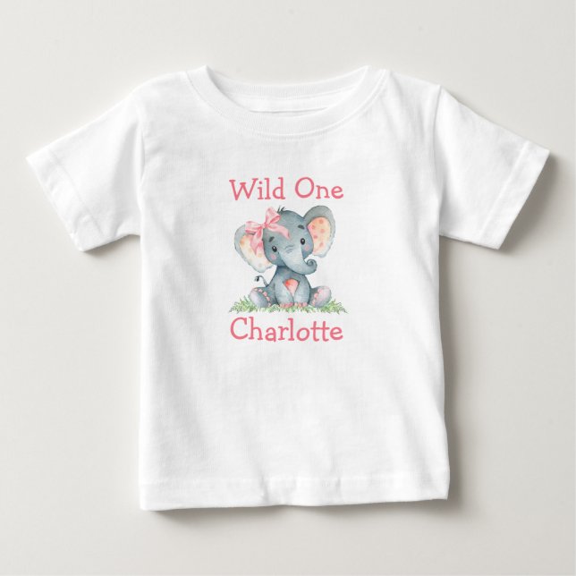 Wild One 1st Birthday Elephant Pink Bow Baby T-Shirt (Front)