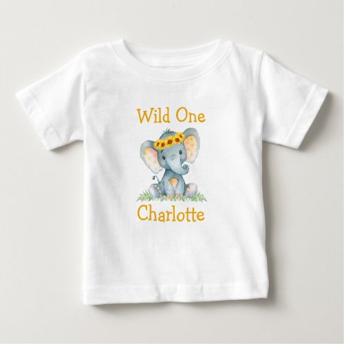 Wild One 1st Birthday Elephant Sunflowers Baby T_Shirt