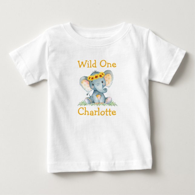 Wild One 1st Birthday Elephant Sunflowers Baby T-Shirt (Front)
