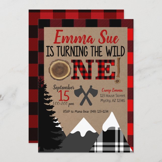 Wild One 1st Birthday Flannel Lumberjack Birthday Invitation (Front/Back)