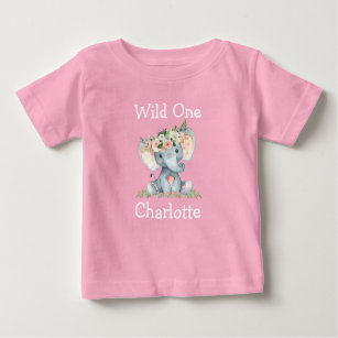 Wild One 1st Birthday Flower Crown Elephant Pink Baby T-Shirt
