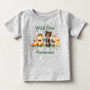 Wild One 1st Birthday Forest Animals Gray Baby T-Shirt