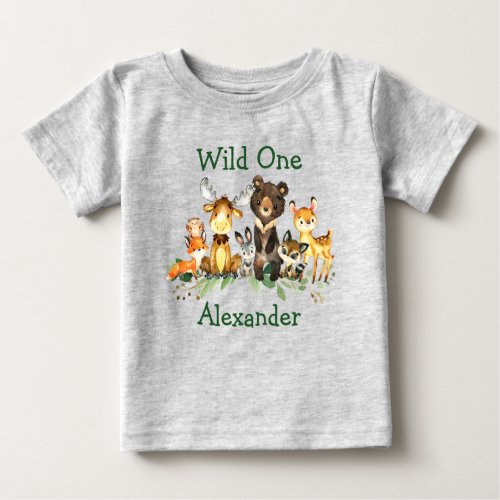Wild One 1st Birthday Forest Animals Gray Baby T_Shirt