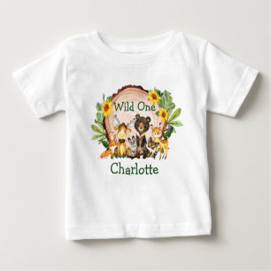Wild One 1st Birthday Forest Animals Sunflowers Baby T-Shirt