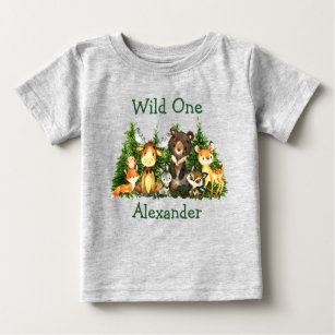 Wild One 1st Birthday Forest Animals Trees Gray Baby T-Shirt