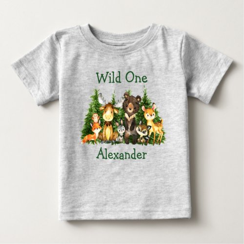 Wild One 1st Birthday Forest Animals Trees Gray Baby T_Shirt