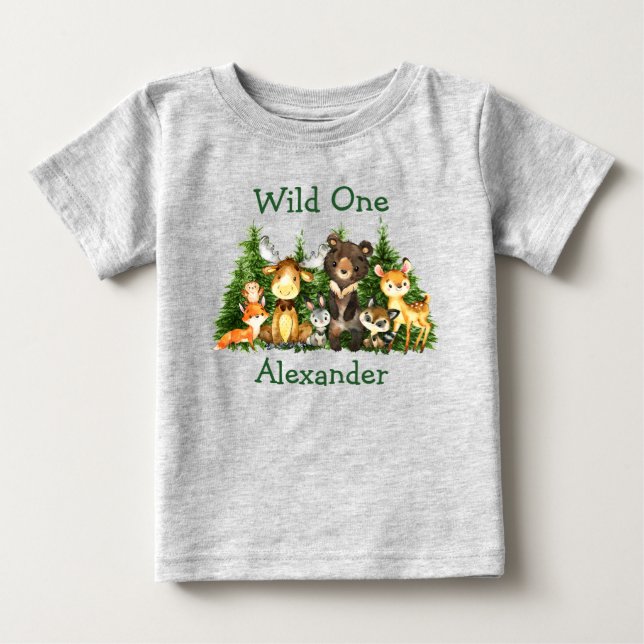 Wild One 1st Birthday Forest Animals Trees Gray Baby T-Shirt (Front)