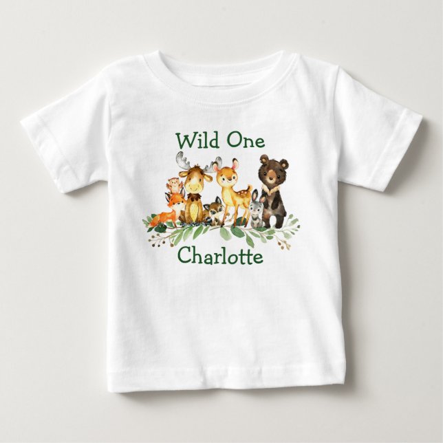Wild One 1st Birthday Forest Woodland Animals Baby T-Shirt (Front)