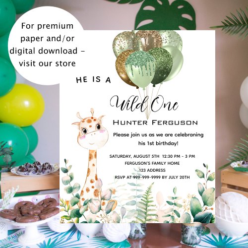 Wild one 1st birthday giraffe budget invitation