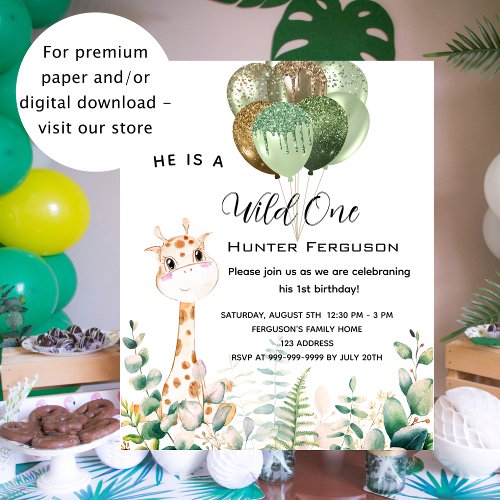 Wild one 1st birthday giraffe budget invitation flyer