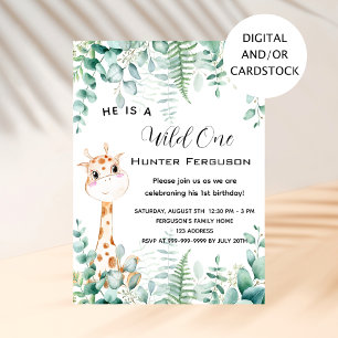 Wild one 1st birthday giraffe jungle forest invitation