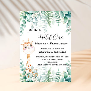 Wild one 1st birthday giraffe jungle forest luxury invitation