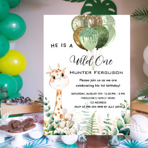 Wild one 1st birthday giraffe jungle luxury invitation