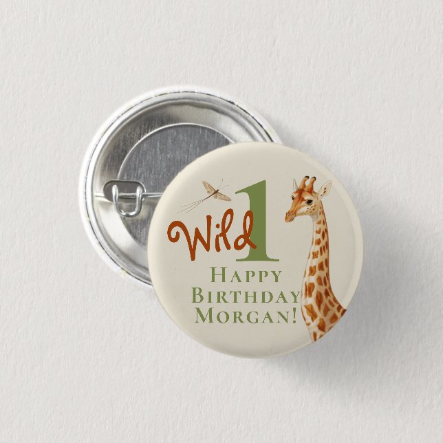 Wild One 1st Birthday Giraffe Safari Button (Front & Back)