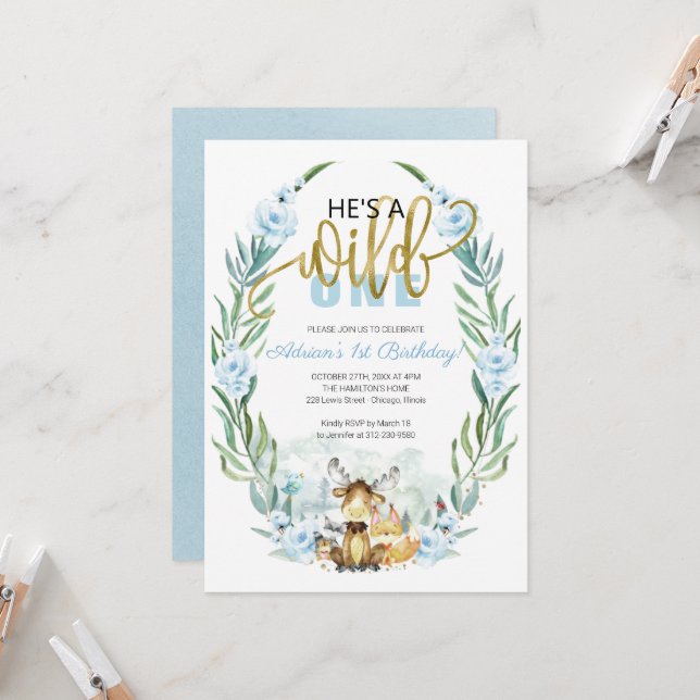 Wild One 1st Birthday Greenery Woodland Invitation (Front/Back In Situ)