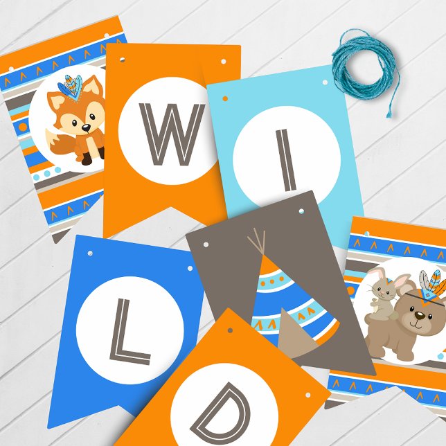 Wild One 1st Birthday Hanging Swallowtail Banner (Wild One 1st Birthday Hanging Banner in Blue, Brown and Orange. Featuring a Fox, Deer, Bear & Bunny)