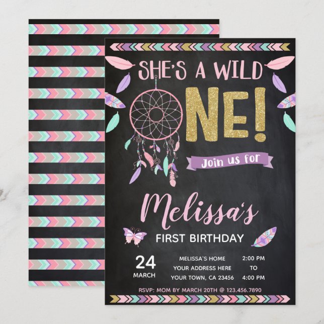 Wild One 1st Birthday Invitation, Chalkboard Invitation (Front/Back)