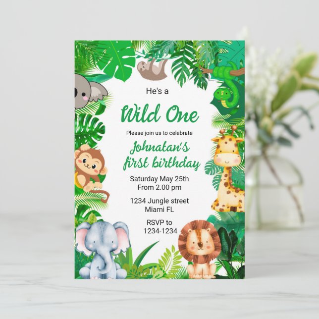 Wild one 1st birthday invitation safari invitation (Standing Front)