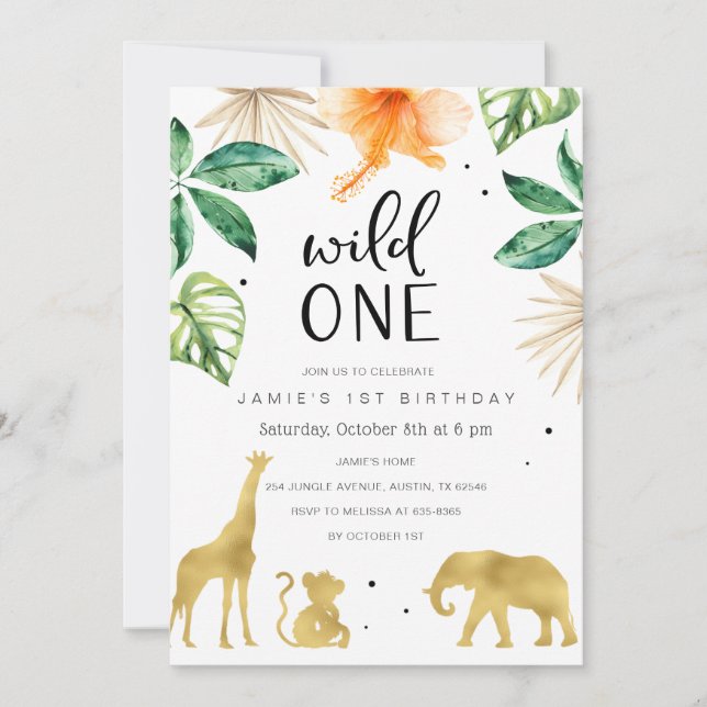 Wild One 1st Birthday Invitation, Safari Jungle Invitation (Front)