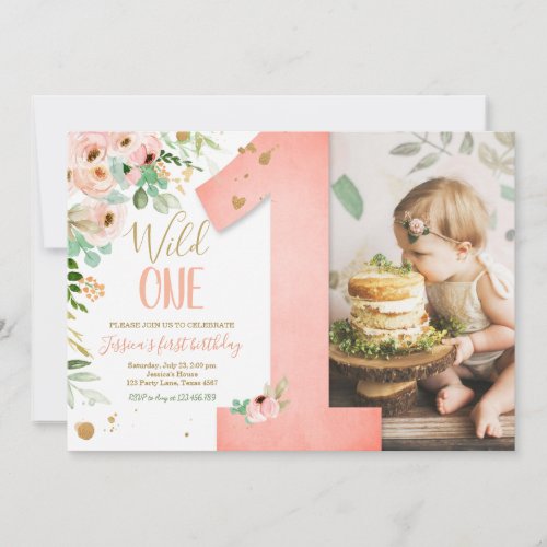 Wild One 1st Birthday Invite Floral Pink Gold Girl