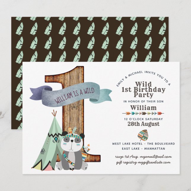Wild One 1st Birthday Invite Tribal Panda TeePee (Front/Back)