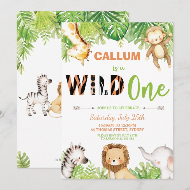 Wild One 1st Birthday Jungle Animals Boy Invitation (Front/Back)
