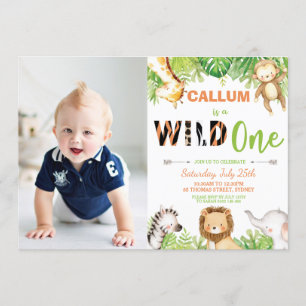Wild One 1st Birthday Jungle Animals Boy Photo Invitation