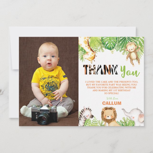 Wild One 1st Birthday Jungle Animals Boy Photo Thank You Card (Front)