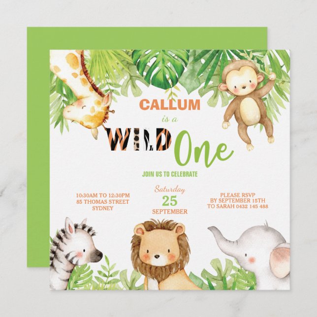 Wild One 1st Birthday Jungle Animals Boy Square Invitation (Front/Back)
