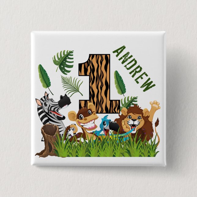 Wild One 1st Birthday Jungle Baby Birthday Button (Front)