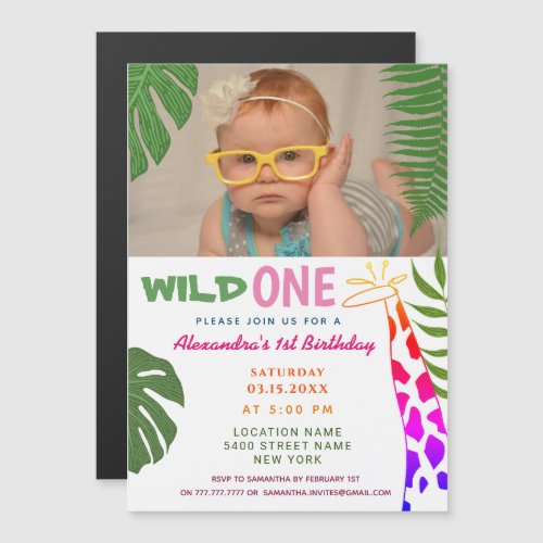 Wild ONE 1st Birthday Jungle Safari Giraffe Photo Magnetic Invitation