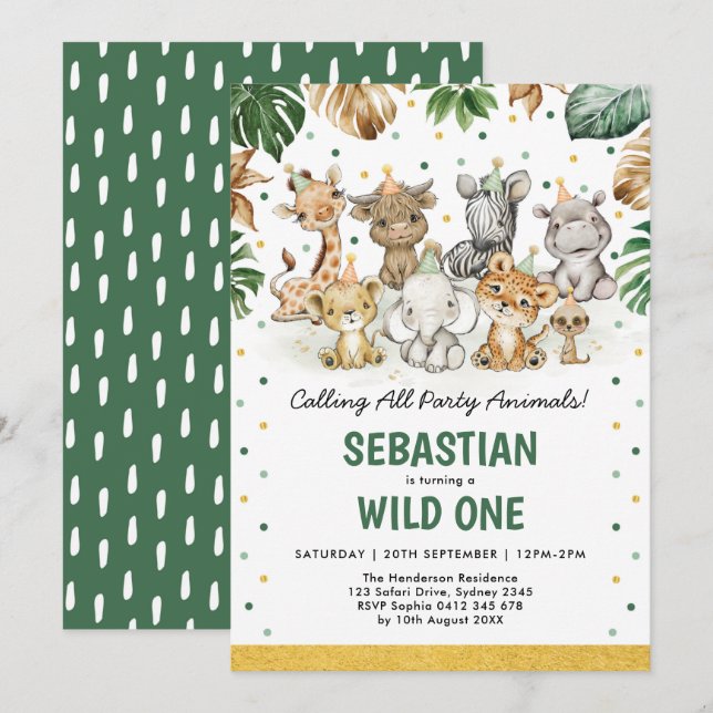 Wild One 1st Birthday Jungle Safari Party Animals  Invitation (Front/Back)