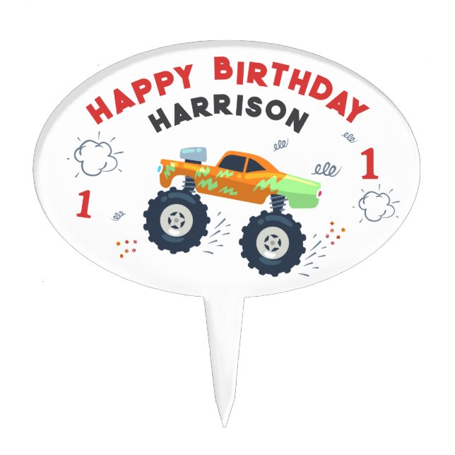 Wild One 1st Birthday Kids Monster Car Trucks Cake Topper (Front)