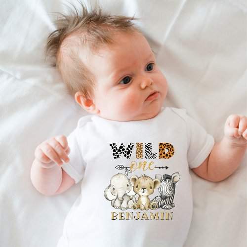 Wild One 1st Birthday Lion Zebra Elephant Baby Bodysuit