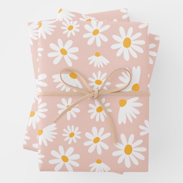 Wild One 1st Birthday Party Boho Blush Pink Daisy  Wrapping Paper Sheets (In situ)