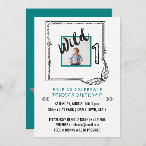 Wild One 1st Birthday Party Boy Tribal Arrows Teal Invitation