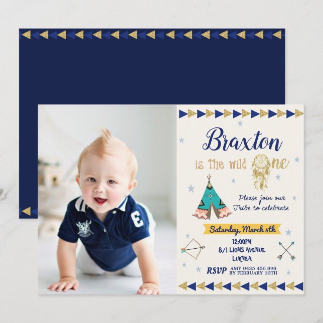Wild One 1st Birthday Party Boy Tribal Navy Gold Invitation (Front/Back)